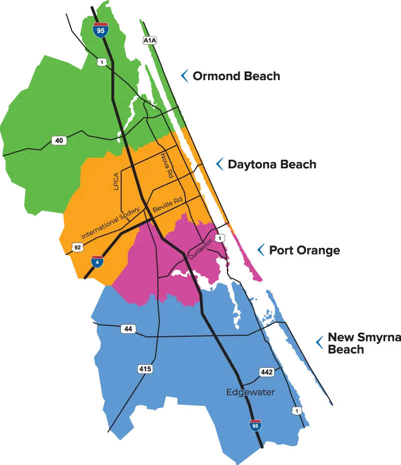 Map of Volusia County that comprises Ormond Beach, Day Beach, Port Orange, and New Smyrna Beach